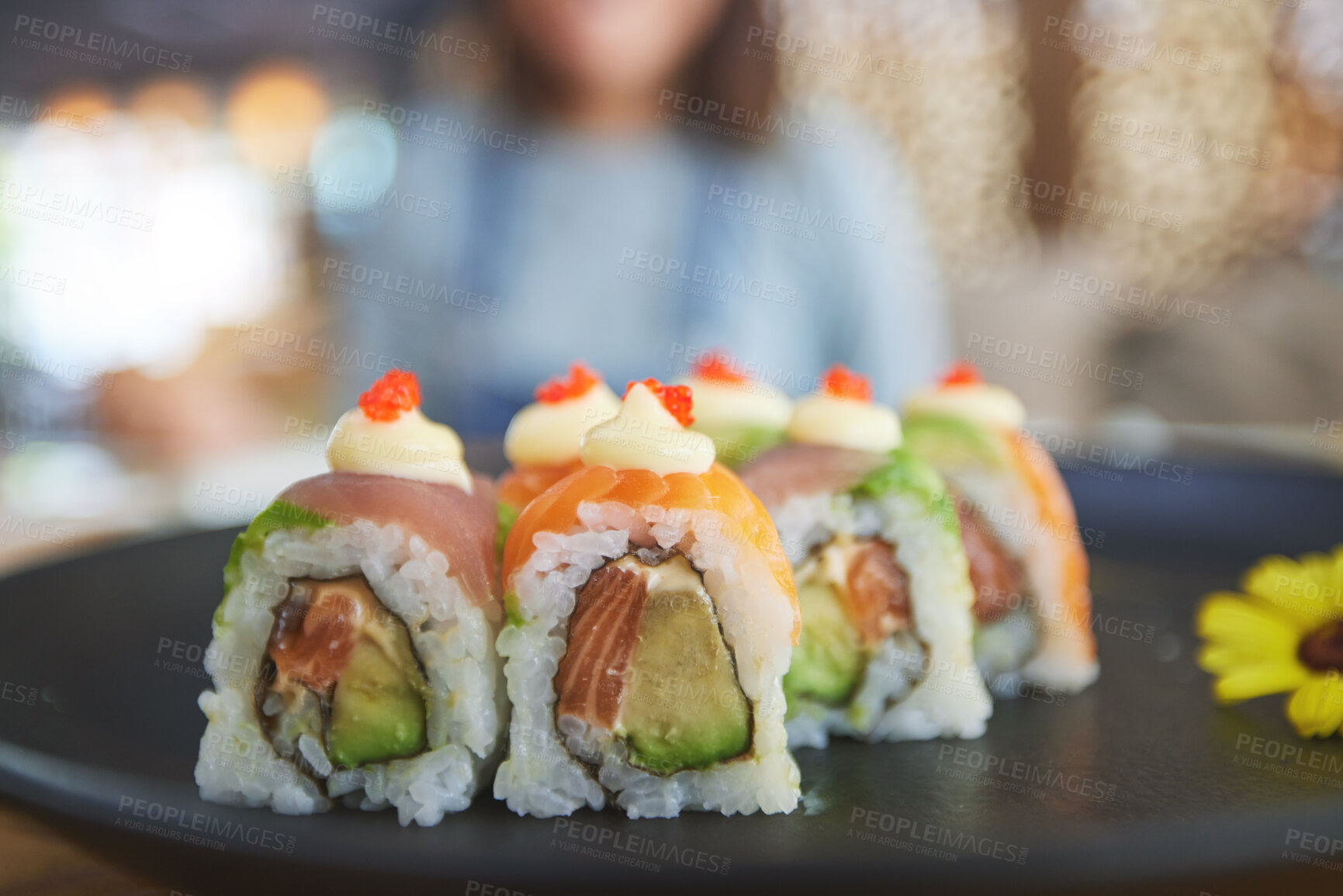 Buy stock photo Closeup, restaurant plate and sushi for lunch, eating seafood and Chinese food on bokeh. Zoom, health and a hungry person with a luxury fine dining dish of fish, Asian cuisine and dinner at a cafe 