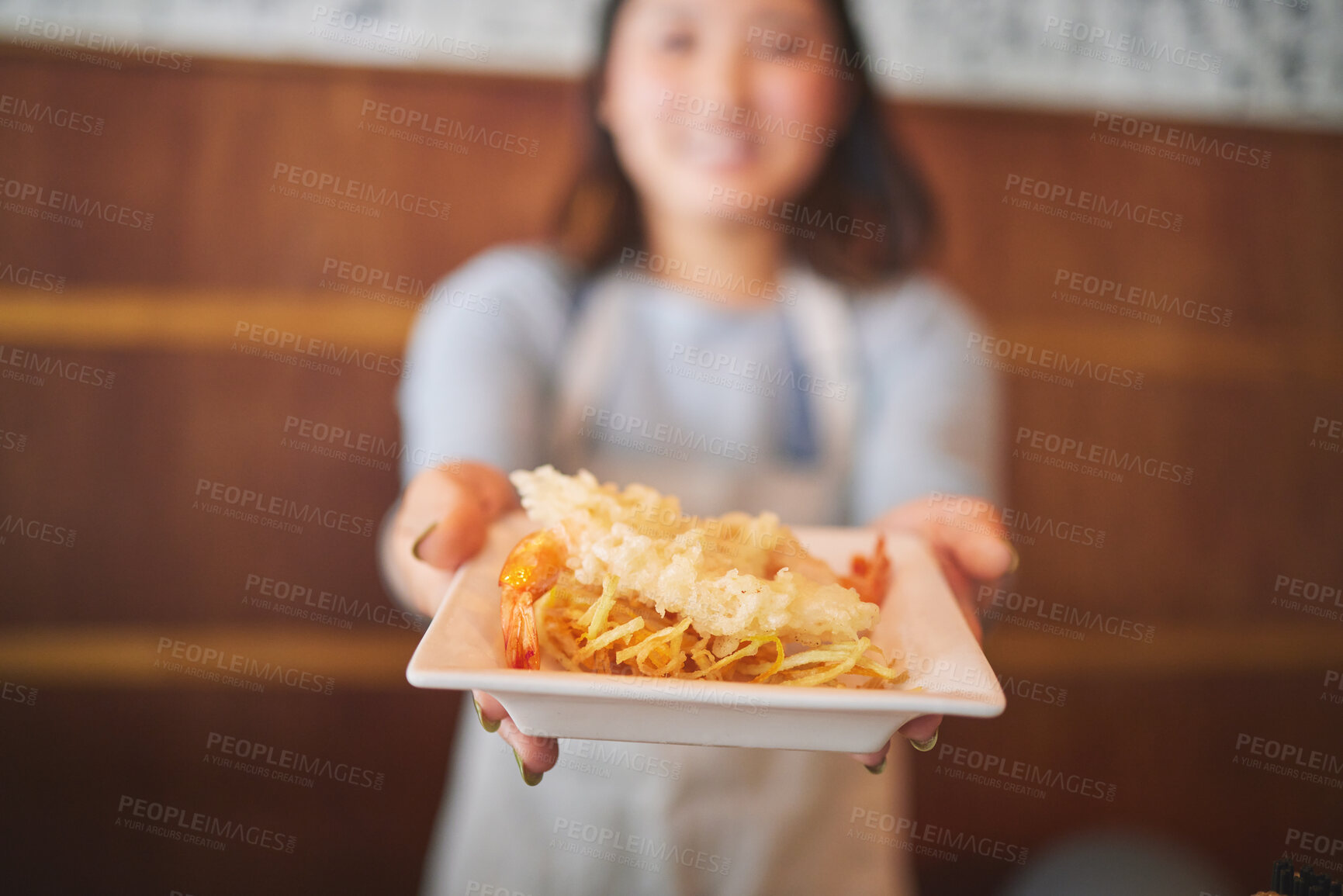 Buy stock photo Hands, waitress and woman with seafood on plate, shrimp and tempura for eating at restaurant, cafe or store. Fish, food and person in sushi service, prawn and meat in fine dining, brunch and chips