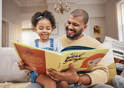 Buy stock photo Father, daughter and book on sofa with smile, bonding and love in storytelling in living room together. Happiness, man and child reading story on couch for fantasy, learning and education in home fun