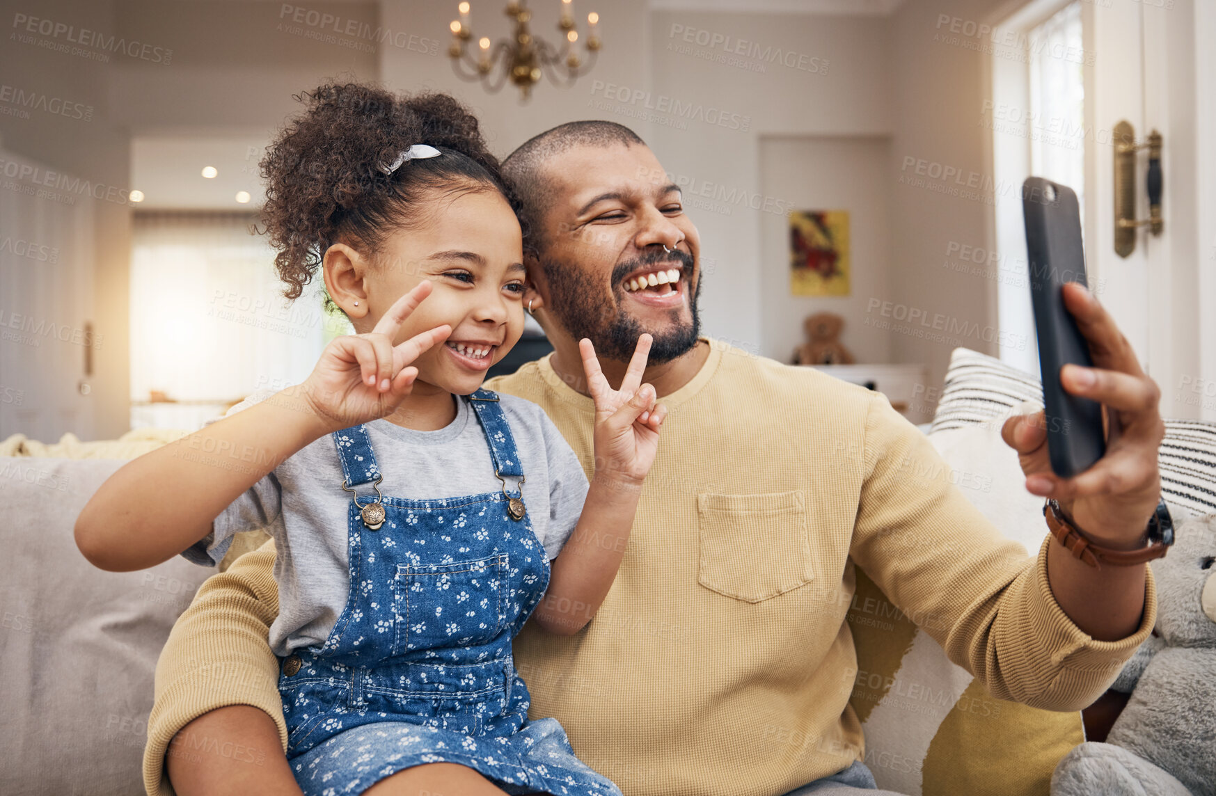 Buy stock photo Selfie, happy and a father and child with a peace sign on the sofa for social media or a video call. Smile, family and a dad taking a photo with a girl kid and a gesture for live streaming in a house