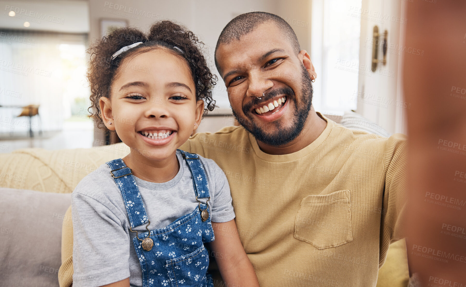 Buy stock photo Father, girl and selfie portrait in home living room, bonding and having fun together. Dad, child and face smile in profile picture, happy memory or social media post of family on sofa, love and care