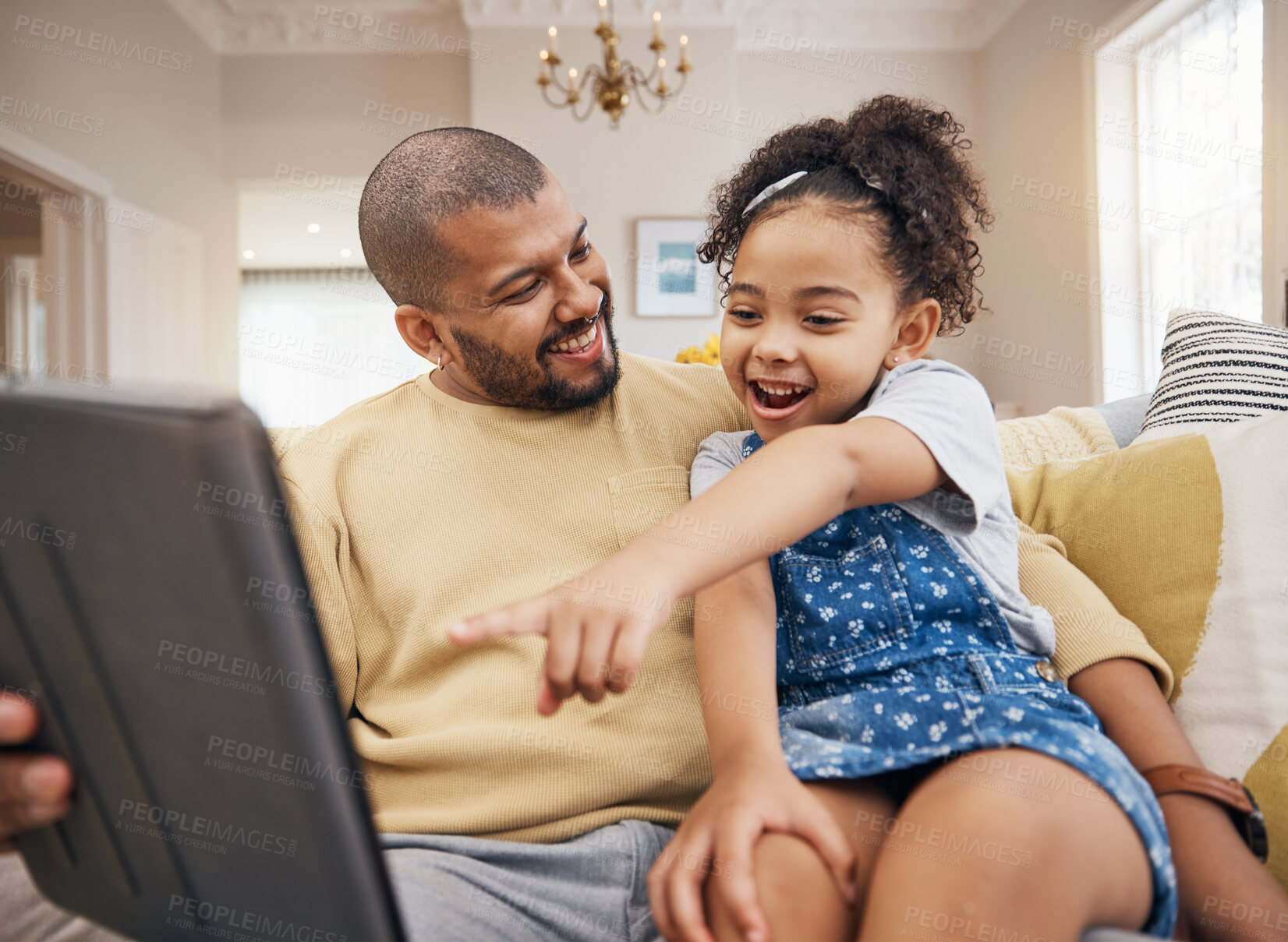 Buy stock photo Cartoon, pointing and a child with a father and tablet for a movie and streaming games. Excited, family and a dad with a girl kid and gesture to technology for a show or social media in a house