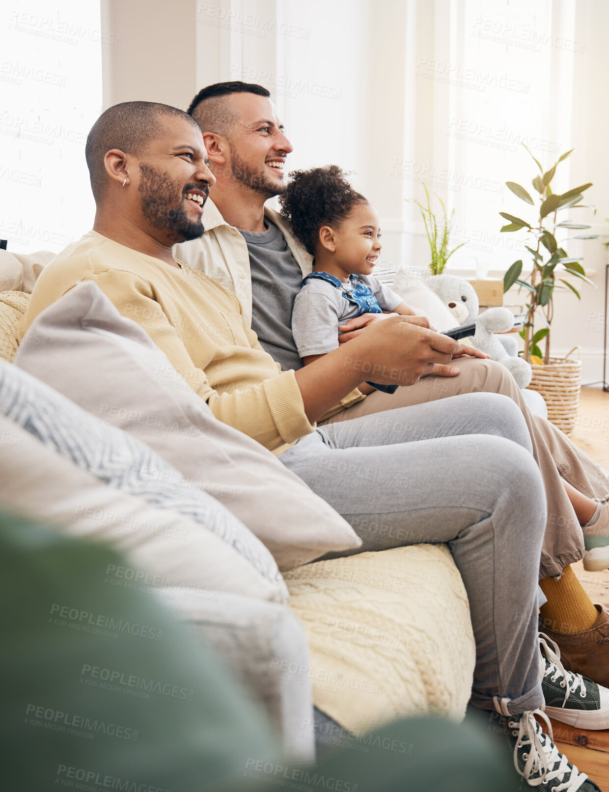 Buy stock photo Gay family, watching tv and movies on home sofa with a child for streaming, entertainment or fun. Lgbt men or parents and girl kid relax with remote control for subscription, cable show and happiness