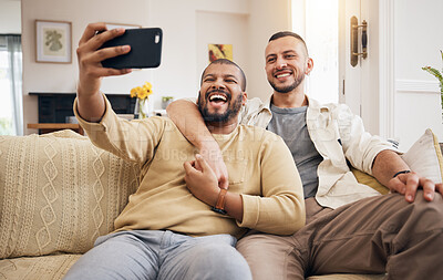 Buy stock photo Men, gay couple and funny selfie in home living room, bonding and laughing together. People, lgbtq and profile picture, happy memory and smile on social media in love, care and hug on sofa in lounge