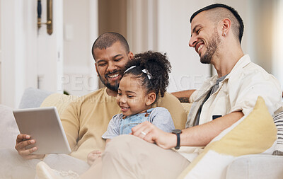 Buy stock photo Gay family, child and tablet on home sofa for e learning, communication and education on internet. Adoption, lgbt men or parents with a happy kid and technology for streaming movies, games or show