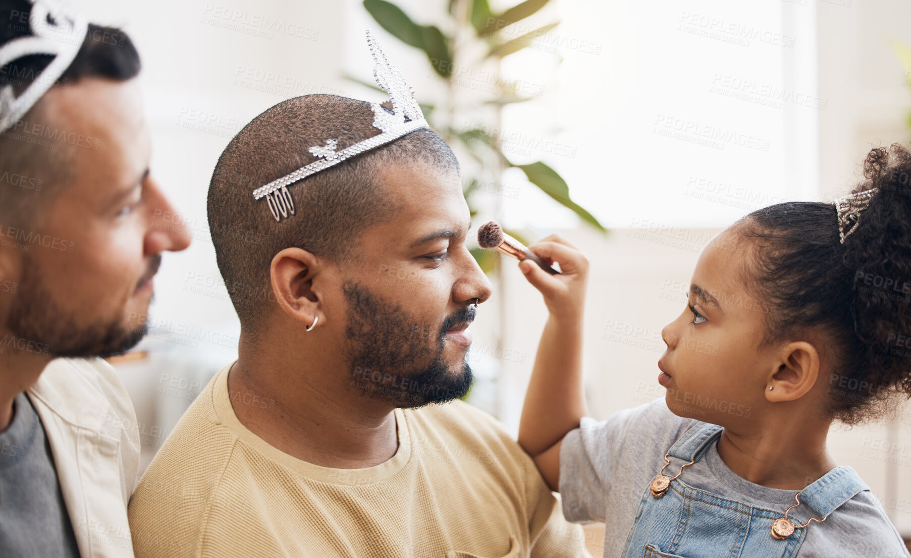 Buy stock photo Blended family, gay parents and makeup with a daughter in the living room of her home for princess fantasy. LGBT, love or adoption and a girl together with her father on the sofa for bonding closeup