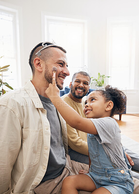 Buy stock photo Blended family, gay father and makeup with a daughter in the living room of her home for princess fantasy. LGBT, love or adoption and a girl together with her parents on the sofa for bonding closeup