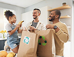 Shopping, bags and happy family with groceries in home and girl with fruit and gay parents, dad and father in kitchen. Sustainable, paper bag and people with eco friendly grocery, product or fruits