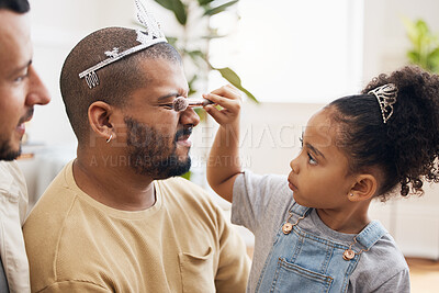 Buy stock photo Blended family, LGBT parents and makeup with a daughter in the living room of her home for princess fantasy. Gay, love or adoption and a girl together with her father on the sofa for bonding