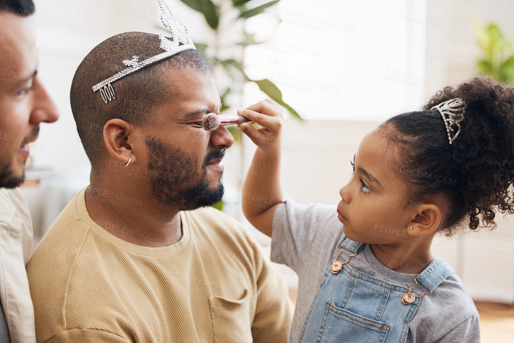 Buy stock photo Blended family, LGBT parents and makeup with a daughter in the living room of her home for princess fantasy. Gay, love or adoption and a girl together with her father on the sofa for bonding