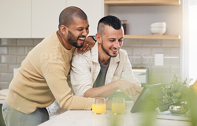 Buy stock photo Laughing, breakfast and a gay couple with a tablet in a kitchen for a funny video or social media. Happy, house and lgbt men with technology for communication or reading an online chat together