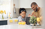 Tablet, video call and father with girl in kitchen, living room or online communication in home with wave, hello and smile. Happy, black family and virtual chat, conversation or talking on mobile app