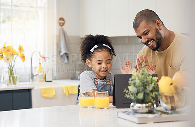 Buy stock photo Tablet, video call and father with girl in kitchen, living room or online communication in home with wave, hello and smile. Happy, black family and virtual chat, conversation or talking on mobile app