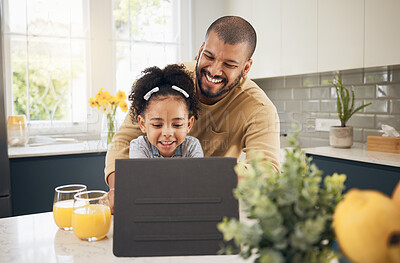 Buy stock photo Tablet, video call and girl with dad in kitchen, living room or online communication in home with smile of father and kid. Happy, black family and virtual chat, conversation or talking on mobile app