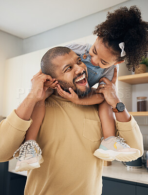 Buy stock photo Fun, father and smile with girl on neck play, laugh and hugging in kitchen and home for quality time. Happy, black father and child playing together and bonding in house, family home for relaxing