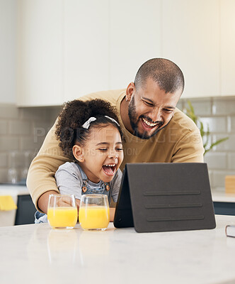 Buy stock photo Tablet, video call and father with girl in kitchen, living room or online communication in home with smile and hello. Happy, black family and virtual chat, conversation or talking on mobile app