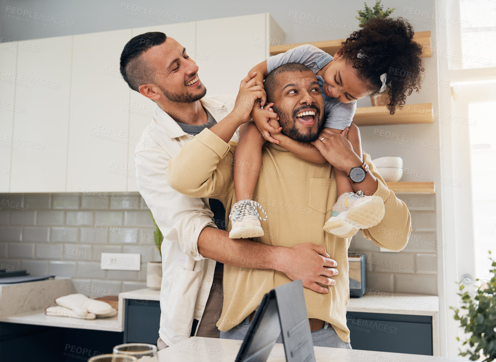 Buy stock photo Gay parents, happy family and child in home together with love, support and bonding with girl on shoulders of dad in hug. LGBT, fathers and men with happiness or smile in kitchen and playing with kid