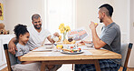 Happy family, breakfast and eat together for brunch while sitting around the dining table in their home. Man, father and daughter enjoying healthy food and porridge for buffet, health and nutrition