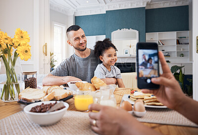 Buy stock photo Cellphone, lunch and picture of father, child or happy family for memory photo, bonding and care in brunch dining room. Phone, home photography or kid pose with dad, papa or man for social media post