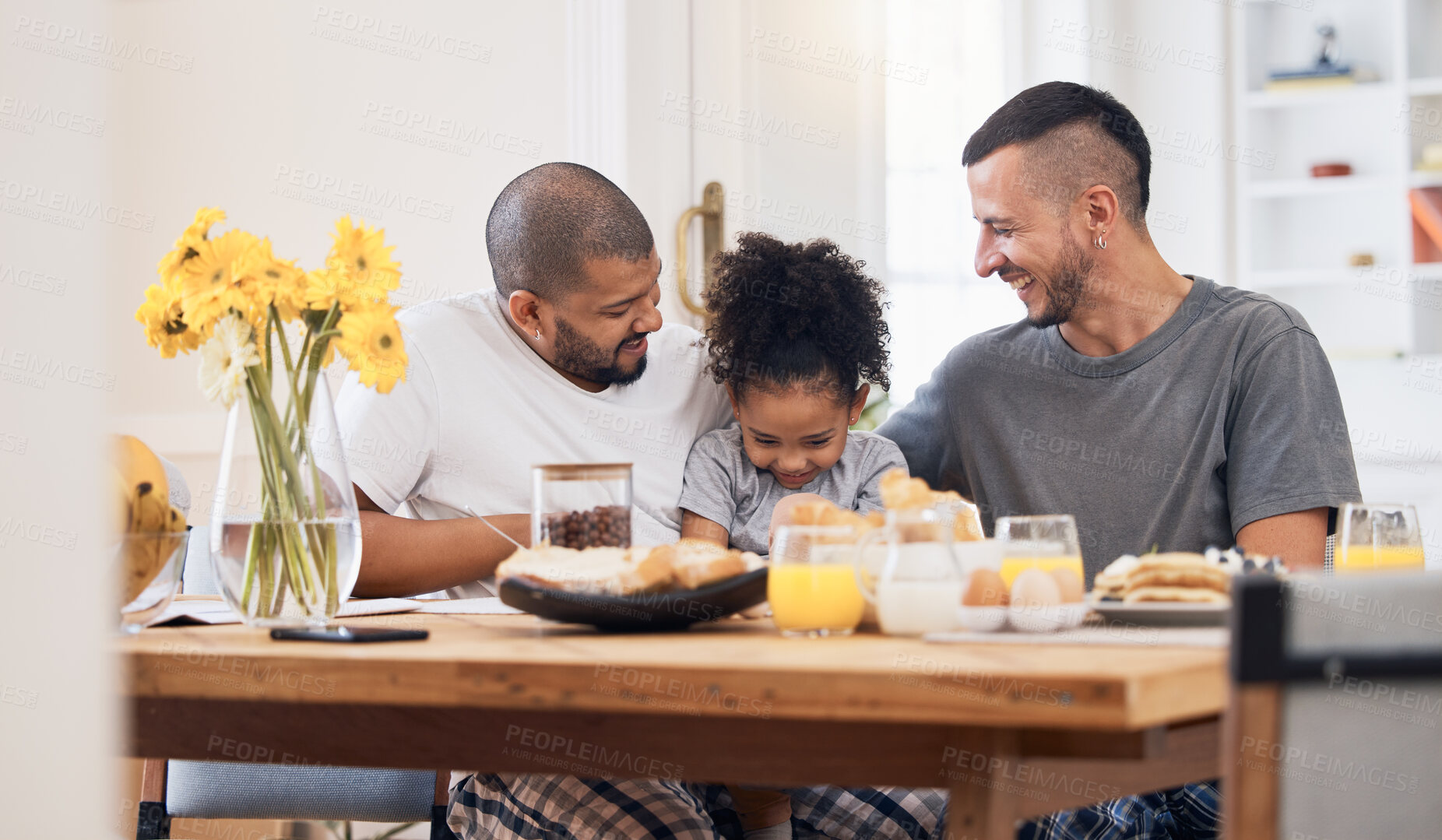 Buy stock photo Smile, gay men and family at breakfast together in the dining room of their modern house. Happy, bonding and girl child eating a healthy meal for lunch or brunch with her lgbtq dads at home.