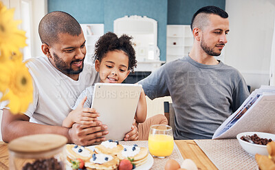 Buy stock photo Gay family, tablet and child with breakfast at home for e learning, bonding and education on internet. Adoption, lgbt men or parents with a happy kid and technology in morning with food on a table