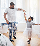 Father, girl and ballet dance in home, holding hands or help for training, learning or tutu in game. Dad, kid and care for steps, moving or practice for performance, concert or show in family house