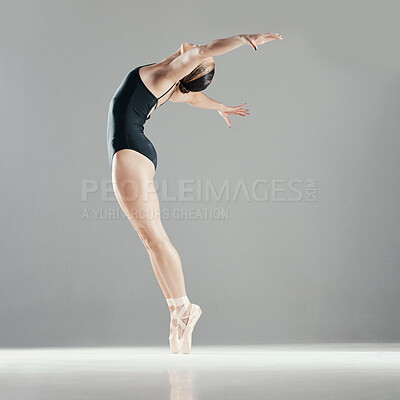 Buy stock photo Mock up, space or girl ballet dancing for fitness, balance or creative freedom performance in studio. Energy, dancer or woman ballerina training to exercise body or practice skill on white background