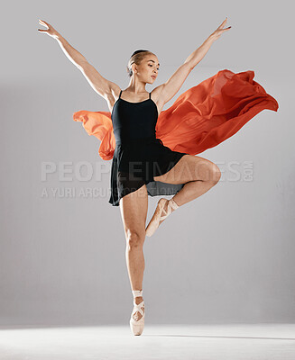 Buy stock photo Ballet, artist and woman with pose, training or elegant art with performance on white studio background. Female performer, ballerina or dancer with technique, practice routine and creative person