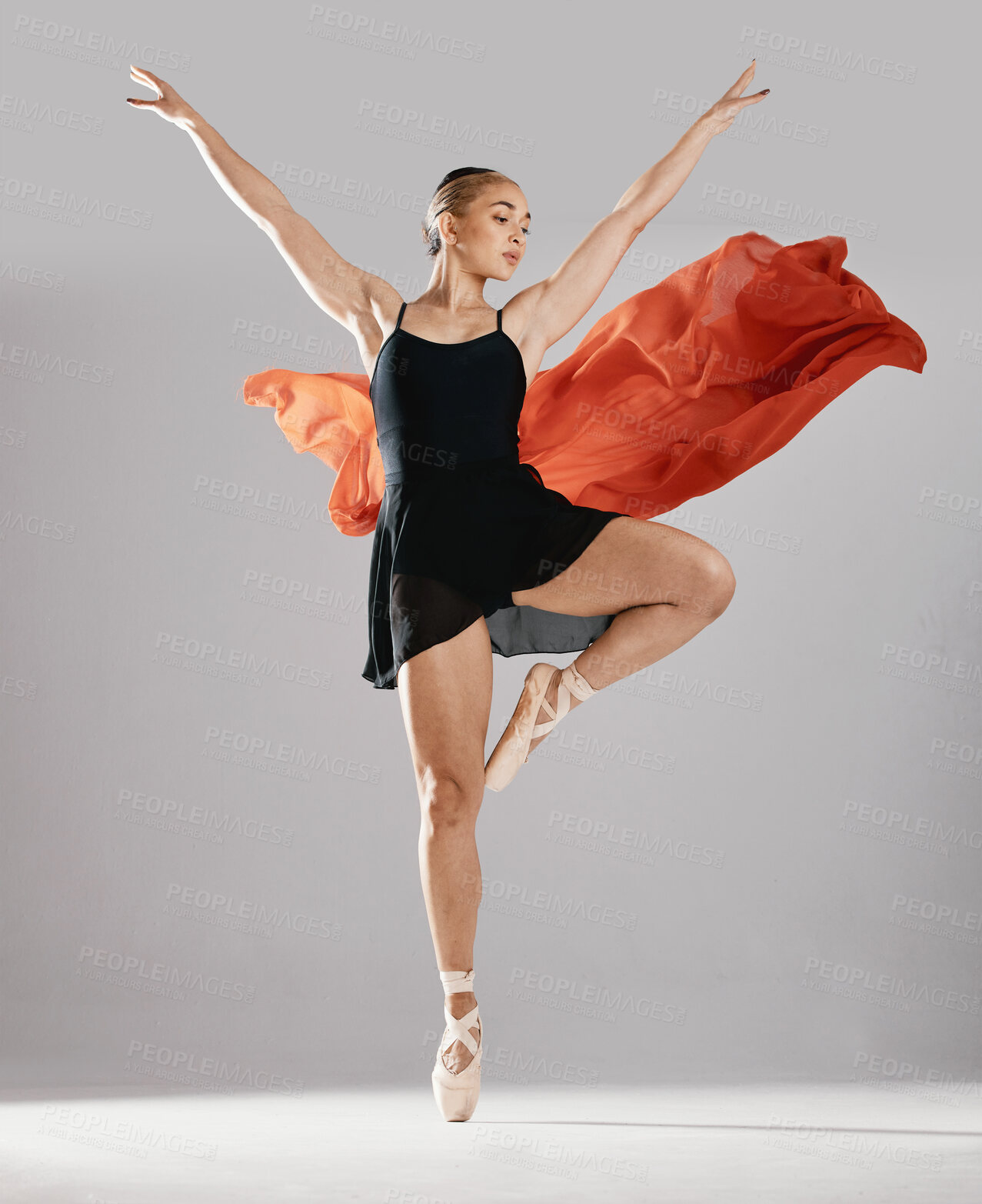 Buy stock photo Ballet, artist and woman with pose, training or elegant art with performance on white studio background. Female performer, ballerina or dancer with technique, practice routine and creative person