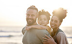 Portrait, family and happy at beach at sunset, bonding and having fun outdoor. Face, smile and father, kid and mother at ocean in interracial care, summer holiday and vacation to travel mockup space