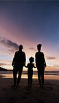 Silhouette, family at beach and holding hands at sunset, bonding or outdoor on mockup space. Shadow, sea and father, kid and mother at ocean in care, summer holiday or vacation to travel together