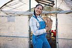 Happy woman with eggs in basket at chicken coop, farming and countryside greenhouse at sustainable business. Agriculture, poultry farm and girl farmer with smile, pride for food and animals in nature