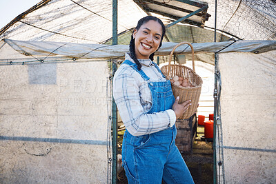Buy stock photo Happy woman with eggs in basket at chicken coop, farming and countryside greenhouse at sustainable business. Agriculture, poultry farm and girl farmer with smile, pride for food and animals in nature