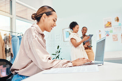 Buy stock photo Laptop typing, woman and at a boutique for fashion, communication and working in retail. Smile, ecommerce and a female stylist or girl with a computer for online website for a clothing store