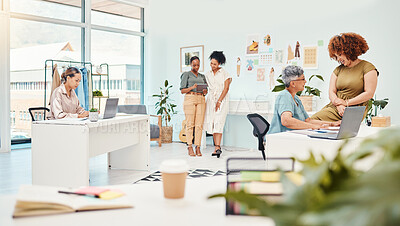 Buy stock photo Small business, designer team and women working together for collaboration in fashion industry. Group of people in a modern office for creativity, mission and productivity at a startup company