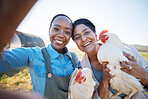 Smile, selfie or farmers on farm with chickens on field harvesting poultry livestock in small business. Social media, happy or portrait of women with animal or hen to take a photo for farming memory