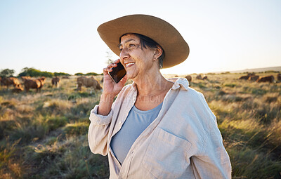 Buy stock photo Woman, farmer and phone call in countryside with cow, person and cattle on farm with smile for live stock in nature. Happy, female worker or social network, connection and communication in rural land