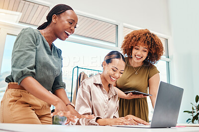 Buy stock photo Happy, employees and working together on tech in office with creative, stylist ideas for fashion and clothing on pc or tablet. Funny, colleagues or women in Colombia reading or typing on laptop