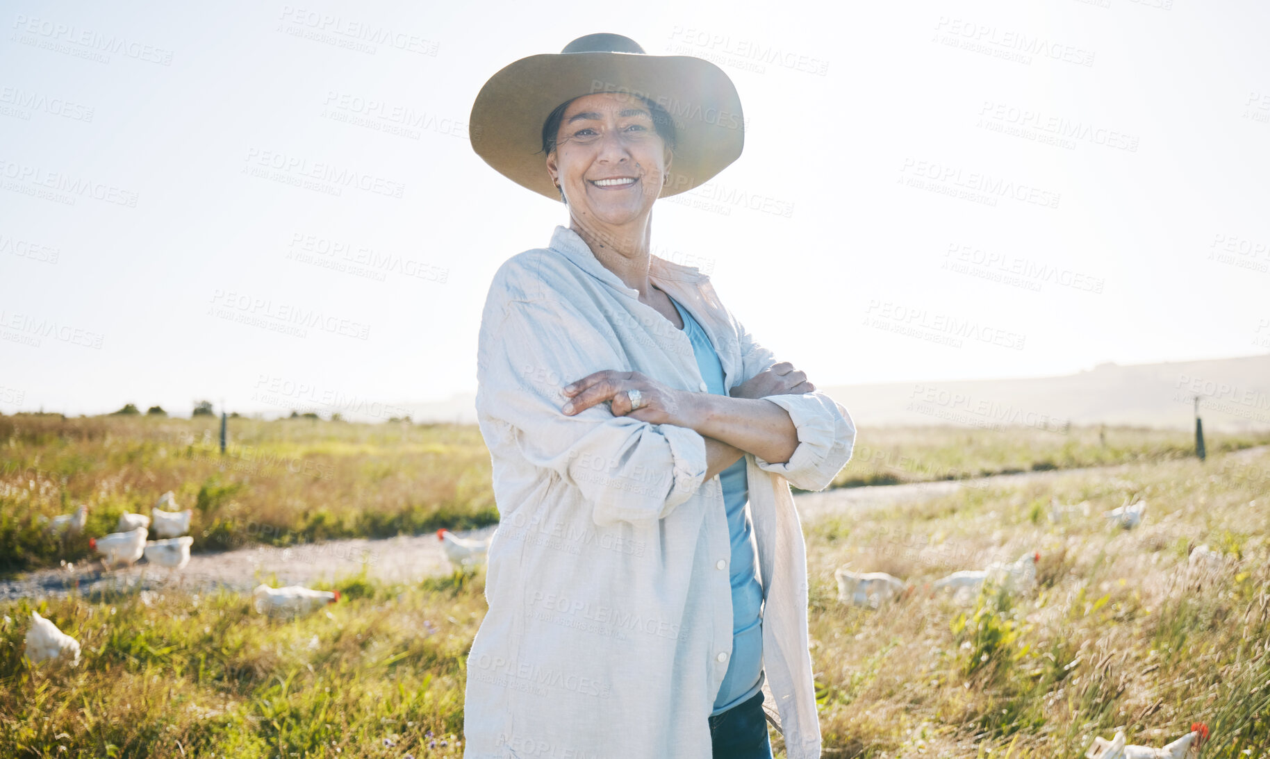 Buy stock photo Farmer, mature woman and agriculture, arms crossed on field and sustainability, land and livestock. Chicken farm, agro business and confidence, countryside and environment with nature and portrait