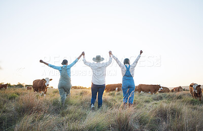 Buy stock photo Farm, celebration and women back holding hands for success, happy or excited for cattle industry, growth or development Farmer, friends and rear view of farming team celebrate agriculture achievement