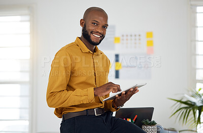 Buy stock photo Portrait of black man at desk with smile, tablet and research for business website, online report and social media. Internet, digital app and businessman in office with web schedule and confidence.