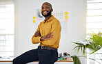 Entrepreneur, black man and portrait with arms crossed in Nigeria, office or workplace for planning a project in startup. Happy, employee and face of businessman working with confidence in business