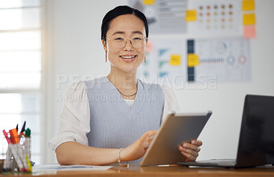 Buy stock photo Portrait of Asian woman at desk with smile, tablet and research for business website, online report or social media. Internet, digital app and businesswoman in office with web schedule and confidence