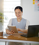 Asian woman at desk with smile, tablet and scroll for research on business website, online report or social media. Internet, digital app and businesswoman in office on web schedule and reading email.