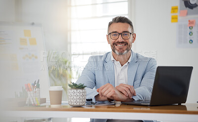 Buy stock photo Portrait of businessman at office desk with smile, laptop and tablet on business website, online report or social media. Internet, digital app and confident, mature man with workshop and web schedule