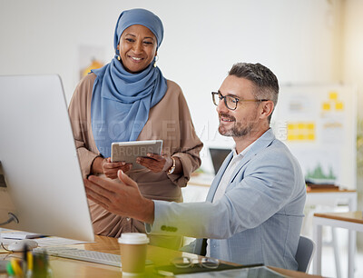 Buy stock photo Computer, business people and Muslim woman mentor with feedback and support in work discussion. Office, communication and email marketing help with employee training and management at a SEO company