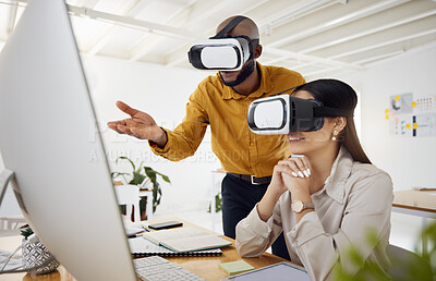 Buy stock photo Business people, discussion and computer for vr vision, professional advice and coaching for metaverse project. Developer, augmented reality glasses and design for 3d tech development, man and woman