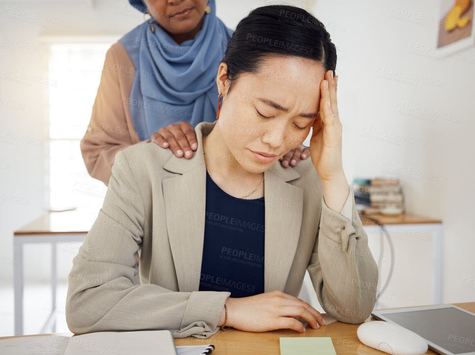 Buy stock photo Depression, stress and a business woman with empathy, support and help in an office. Burnout, fired and entrepreneur person with headache, bad news or dismissal with hand of friend on shoulder