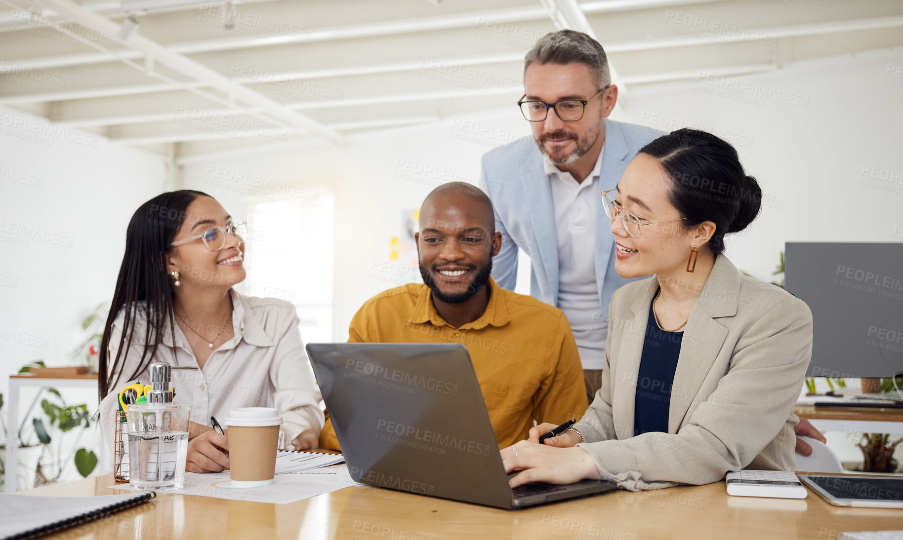 Buy stock photo Video call, training and business people on laptop in office for teamwork, plan or collaboration. Online meeting, coaching and team in virtual conference for financial discussion, budget or feedback