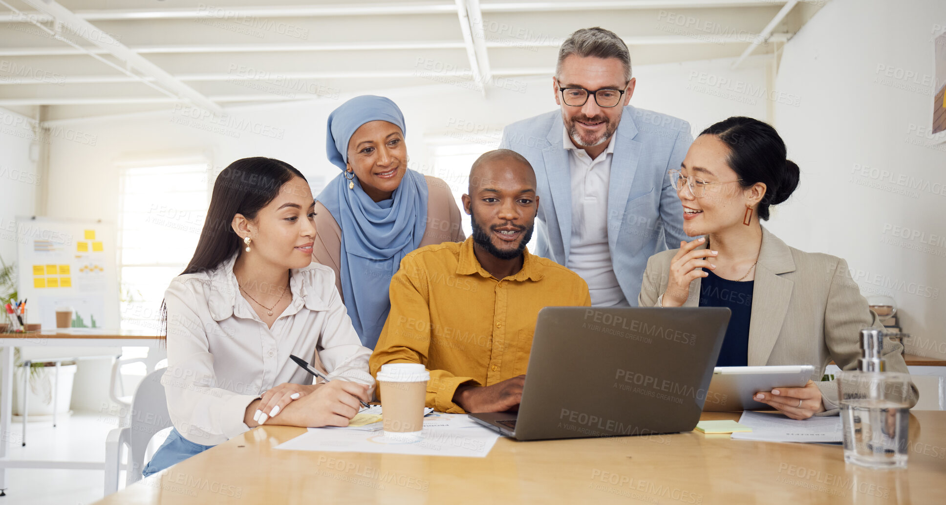 Buy stock photo Business people, laptop and team, meeting or planning in marketing, website design and office presentation. Group of men and woman on computer for teamwork, online research and project collaboration